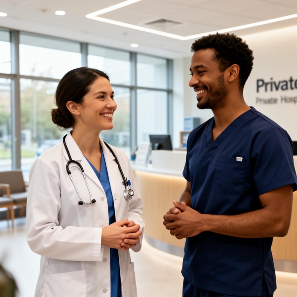 Healthcare professionals in a modern hospital corridor